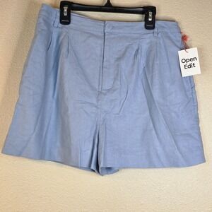 NWT Open Edit Linen Blend Shorts Womens Size 10 Blue High Waist Pleated Preppy